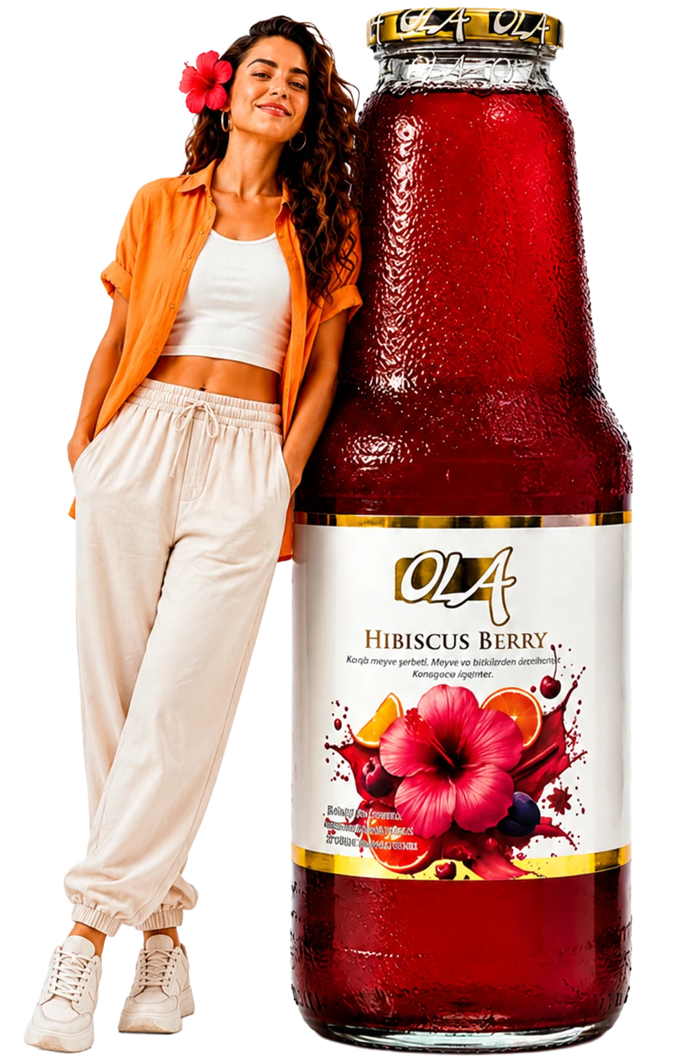 1 L – Model presenting an Ola Hibiscus Berry bottle